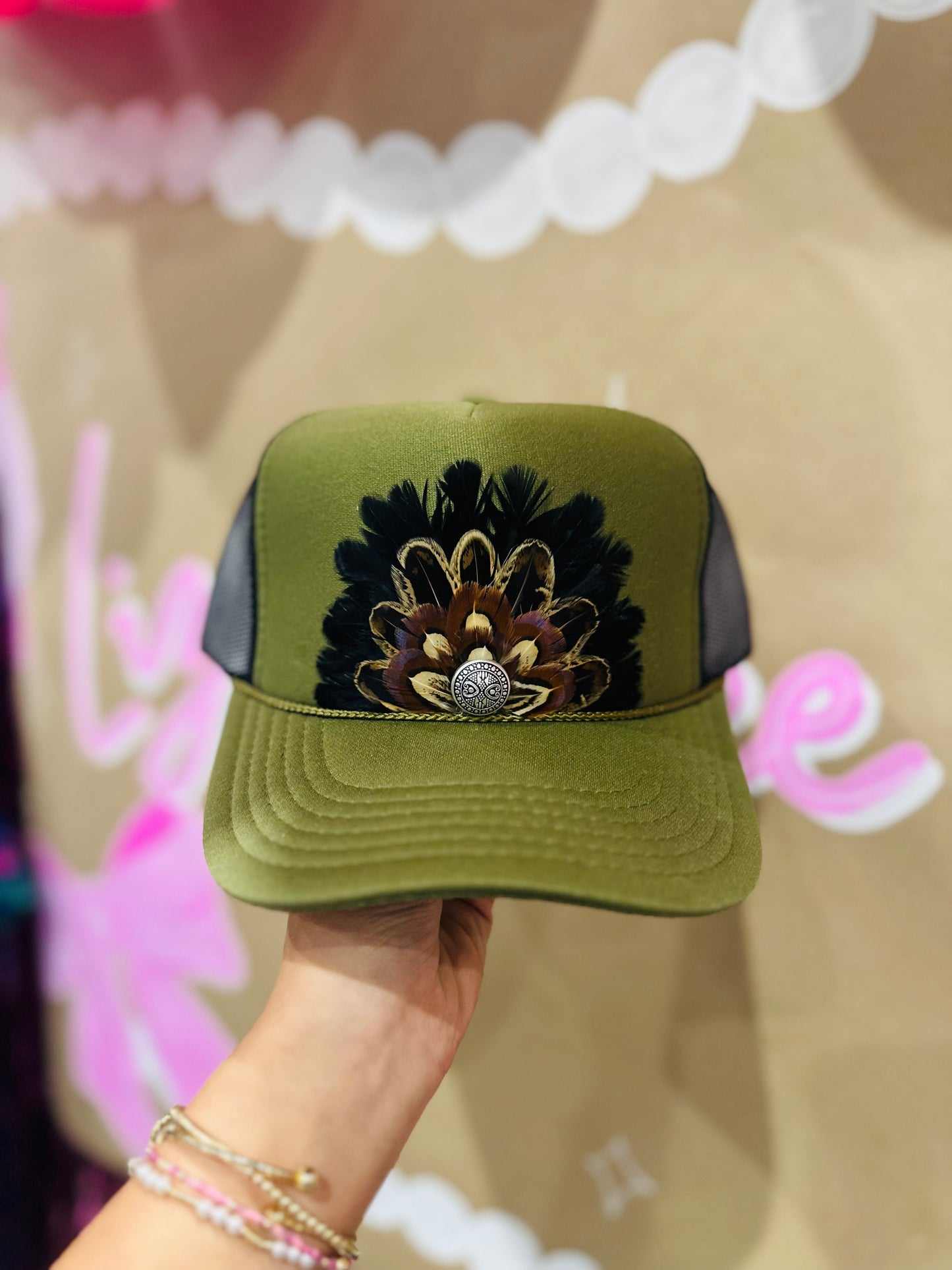 Olive Green + Black Feather Trucker Hat