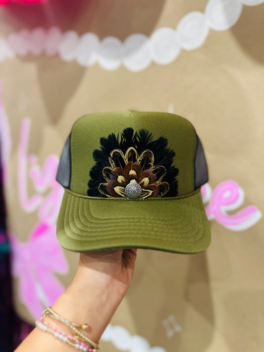Olive Green + Black Feather Trucker Hat