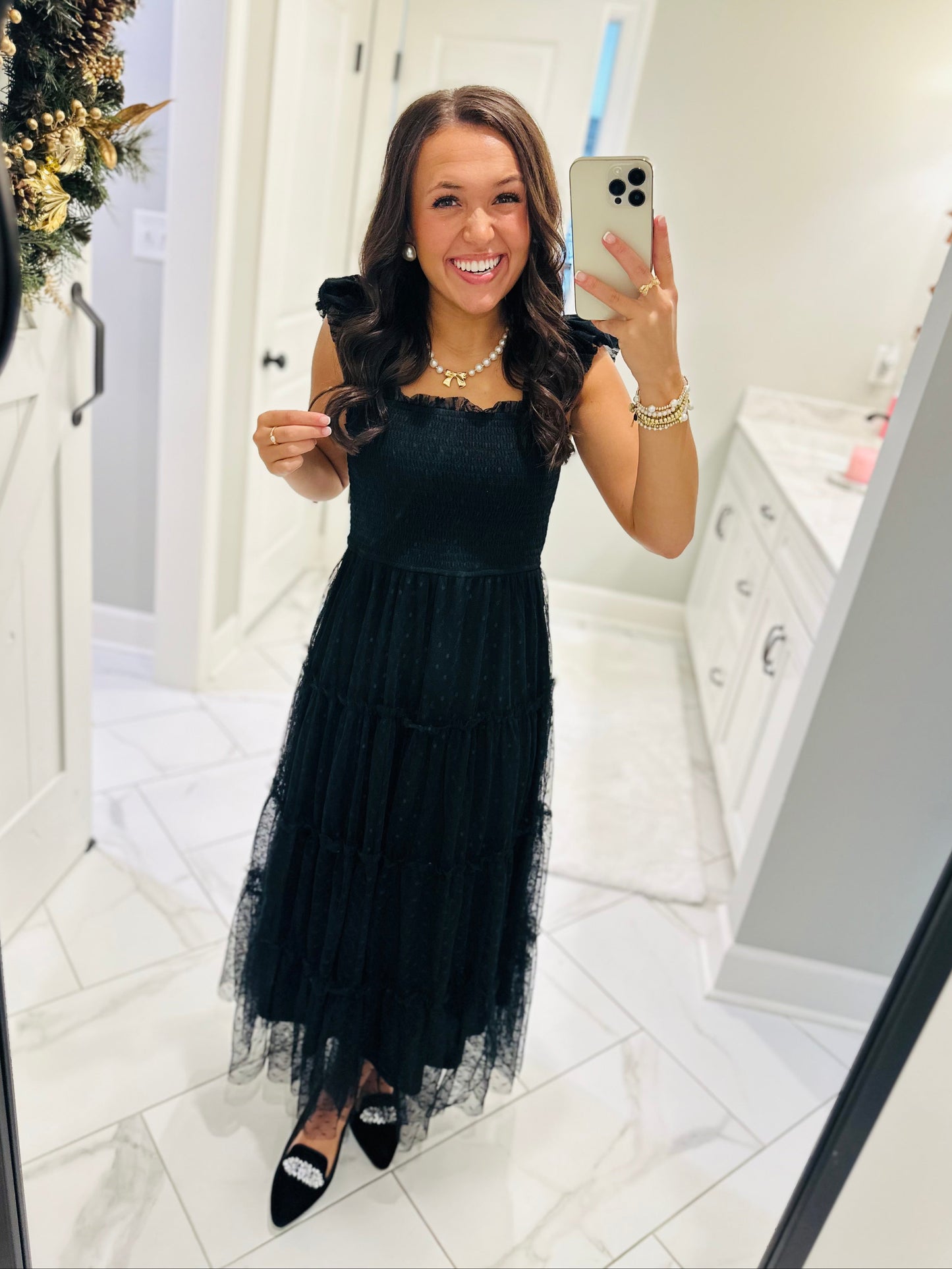 The Noelle Black Polka Dot Chiffon Smocked Midi Dress