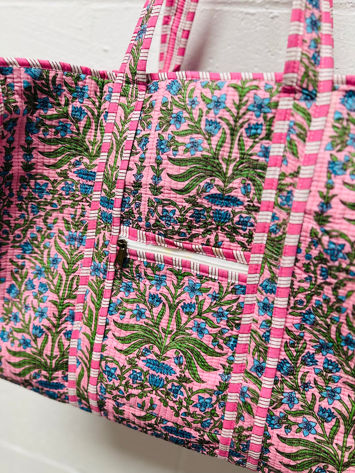 The Pink & Green Floral Quilted Tote Bag