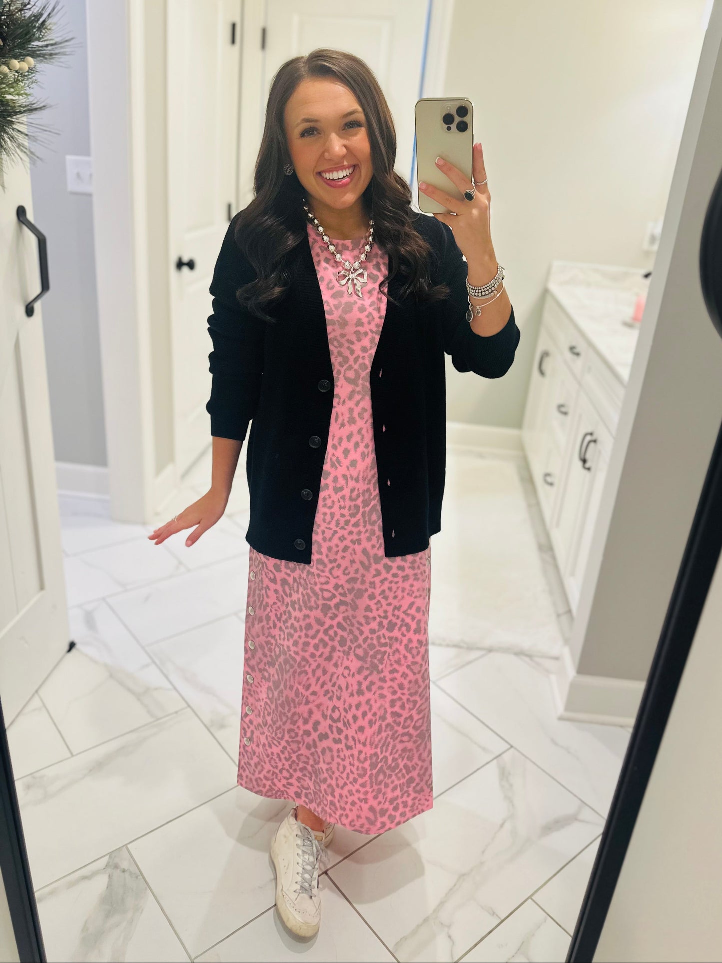 The Brooke Pink Leopard Midi Dress