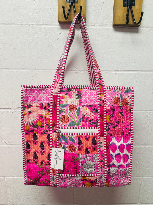 The Rose Pink Patchwork Quilted Tote Bag
