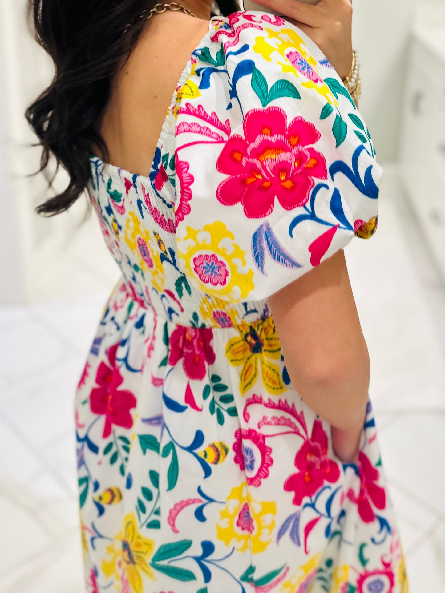 The Kes White Floral Smocked Midi Dress