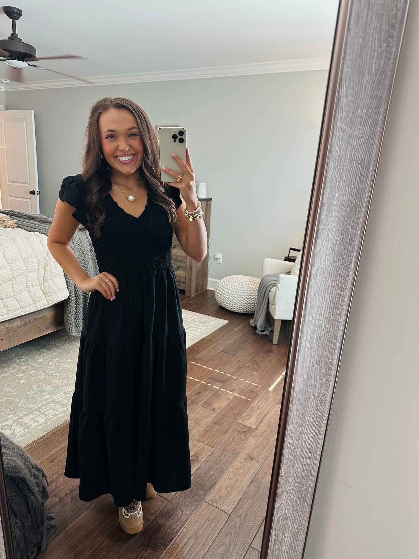 The Maple Black Flutter Sleeve Smocked Midi Dress