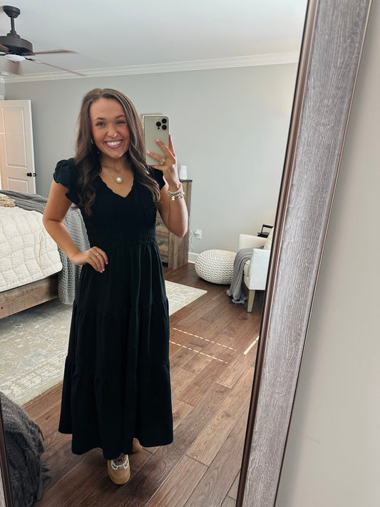 The Maple Black Flutter Sleeve Smocked Midi Dress