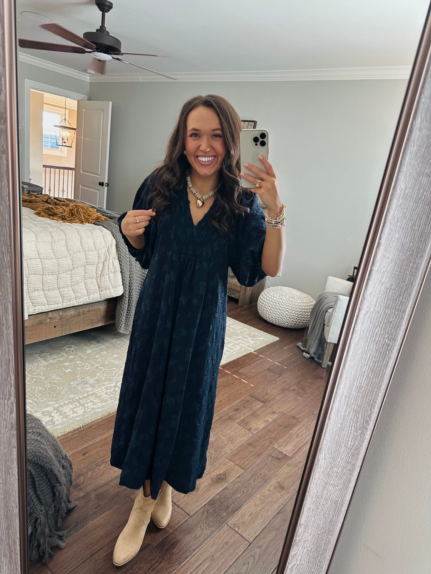 The Mina Navy Textured Midi Dress