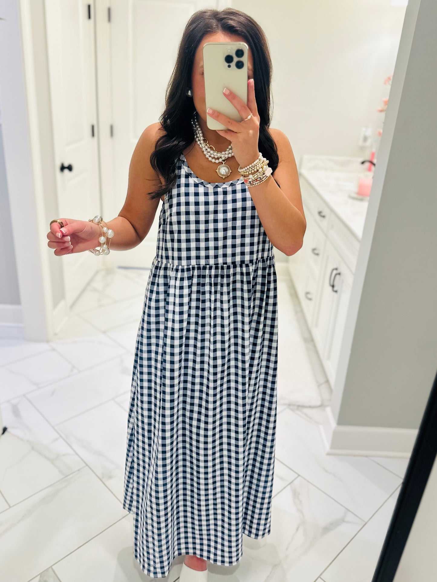 The Chloe Navy Layered Gingham Midi Dress
