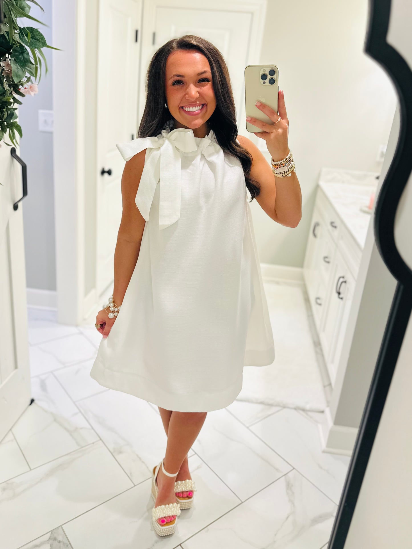 The Elizabeth White Tie Neck Shift Dress