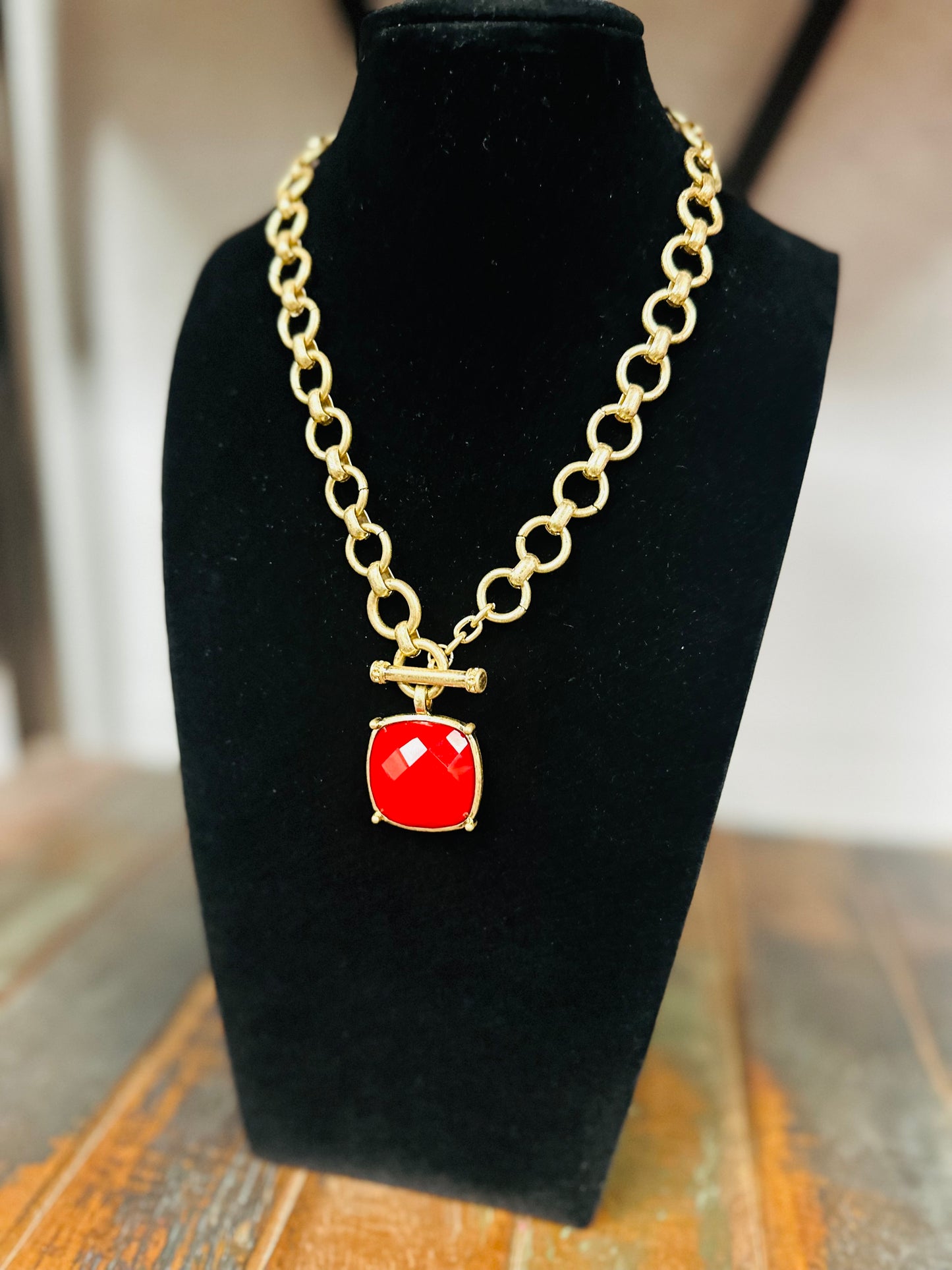 Red Square Stone Pendant Necklace