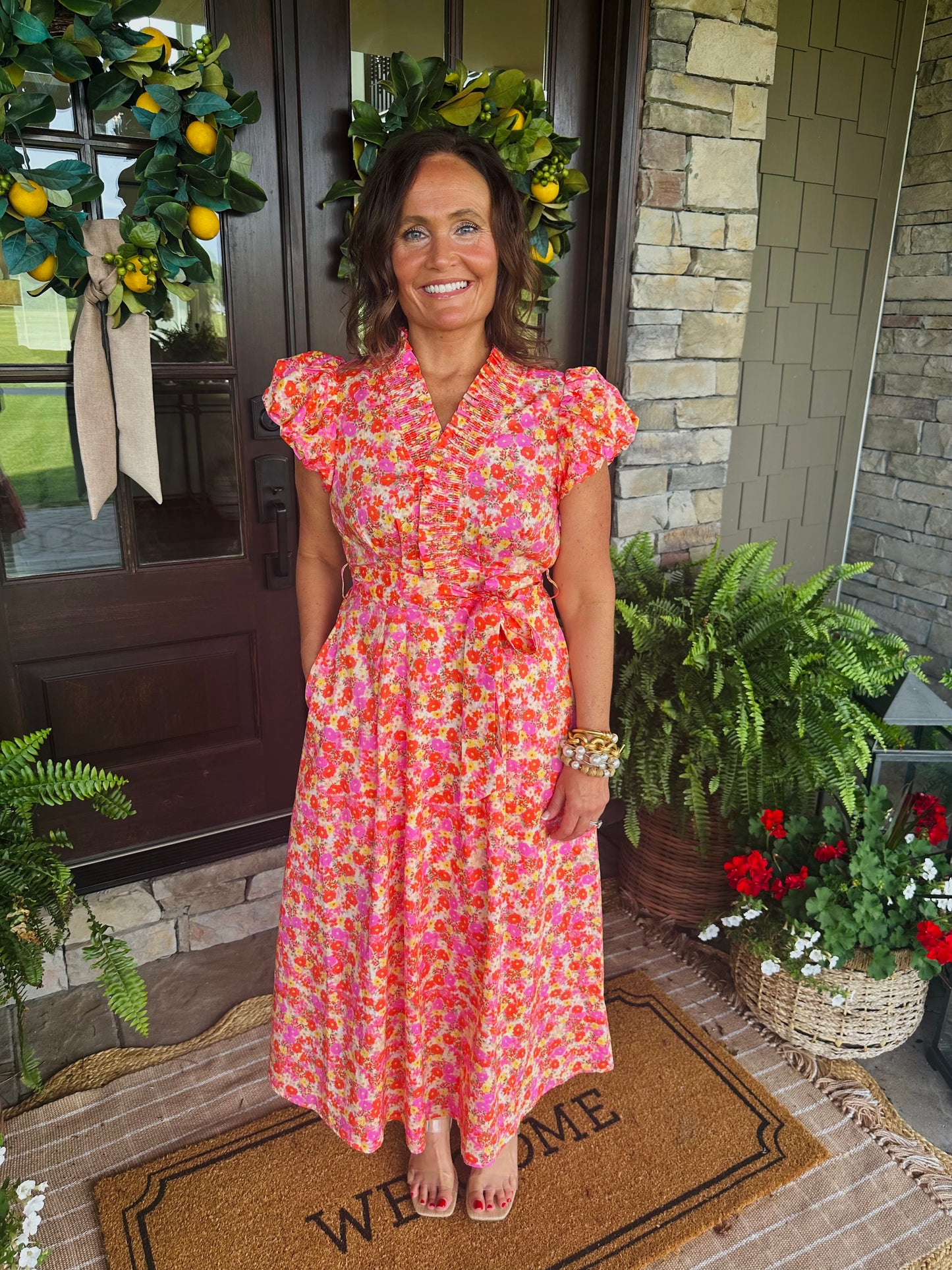 The Maree Pink + Orange Floral Midi Dress