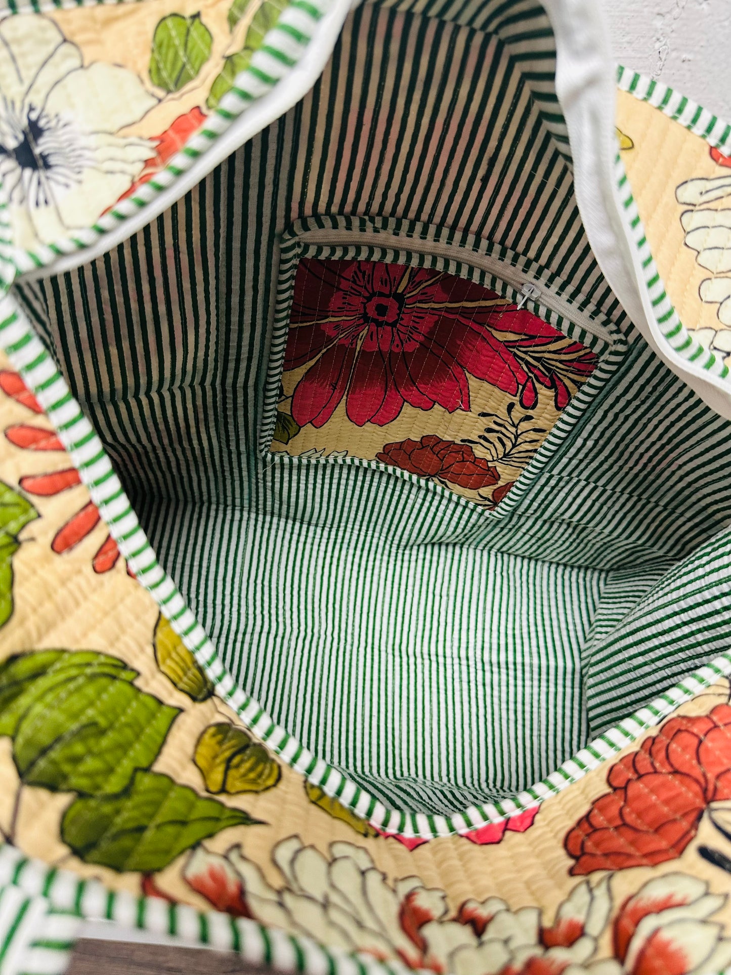 The Beige Cream Flower Power Quilted Tote Bag