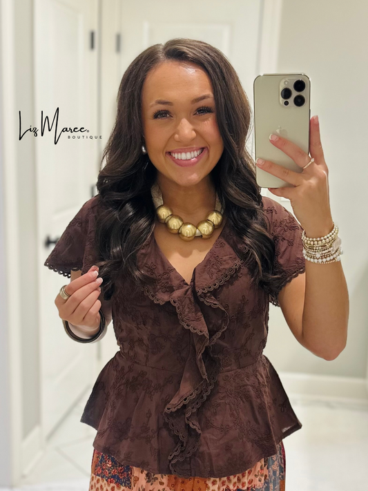 The Lillian Brown Embroidered Floral Peplum Top
