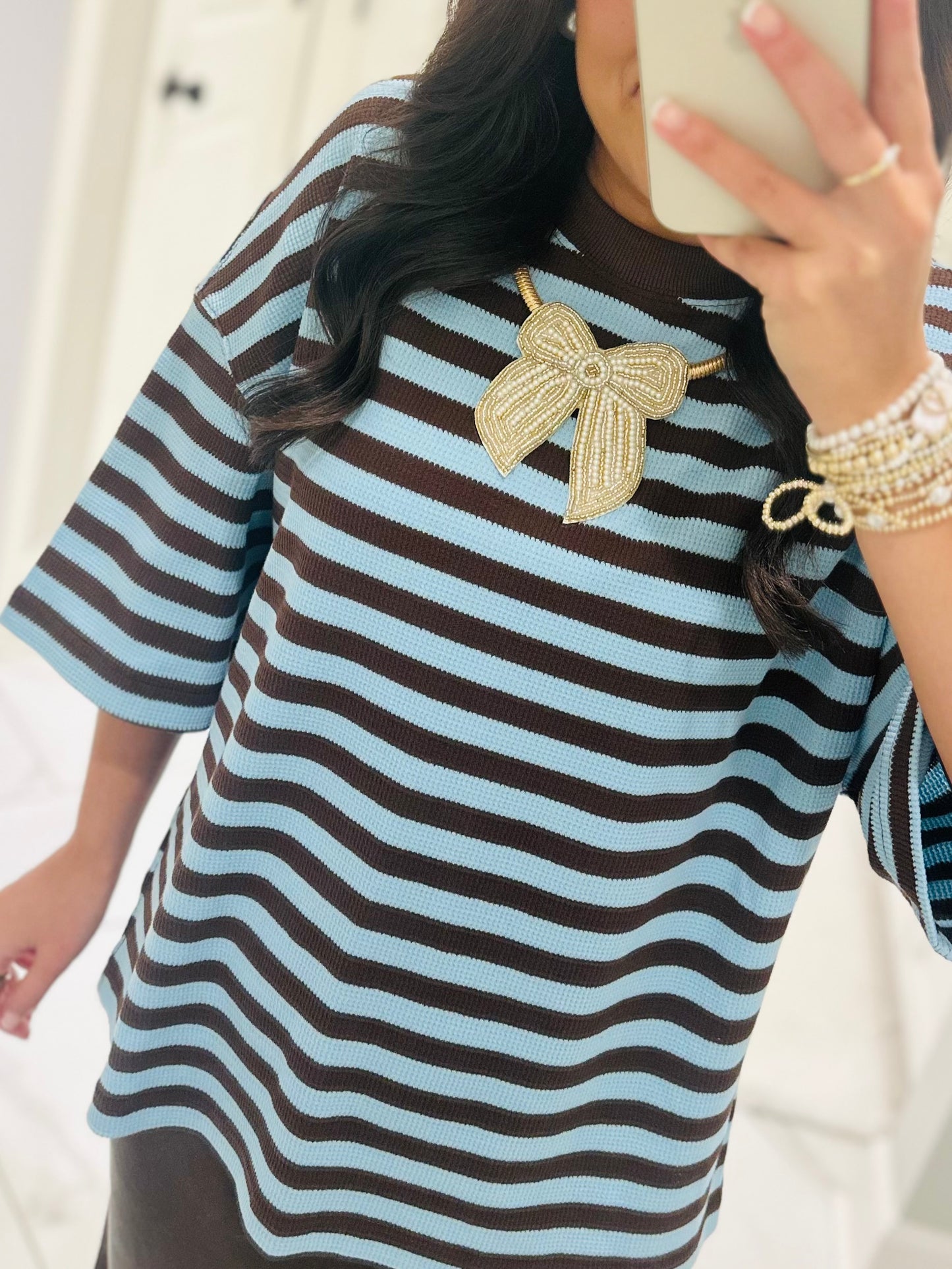 The Everly Blue + Brown Striped Knit Top