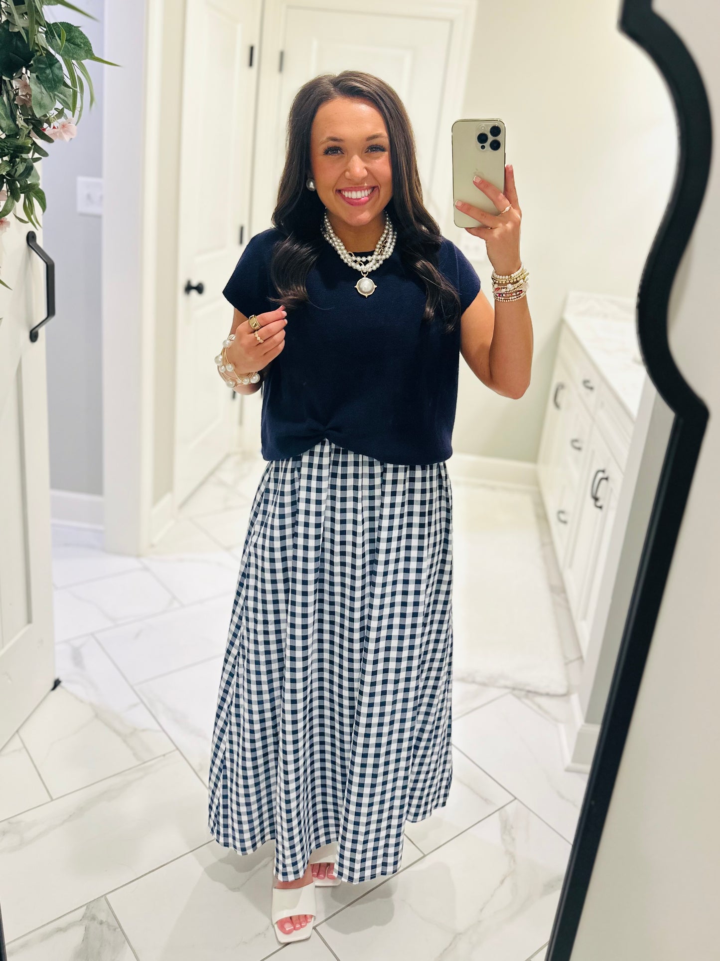 The Chloe Navy Layered Gingham Midi Dress