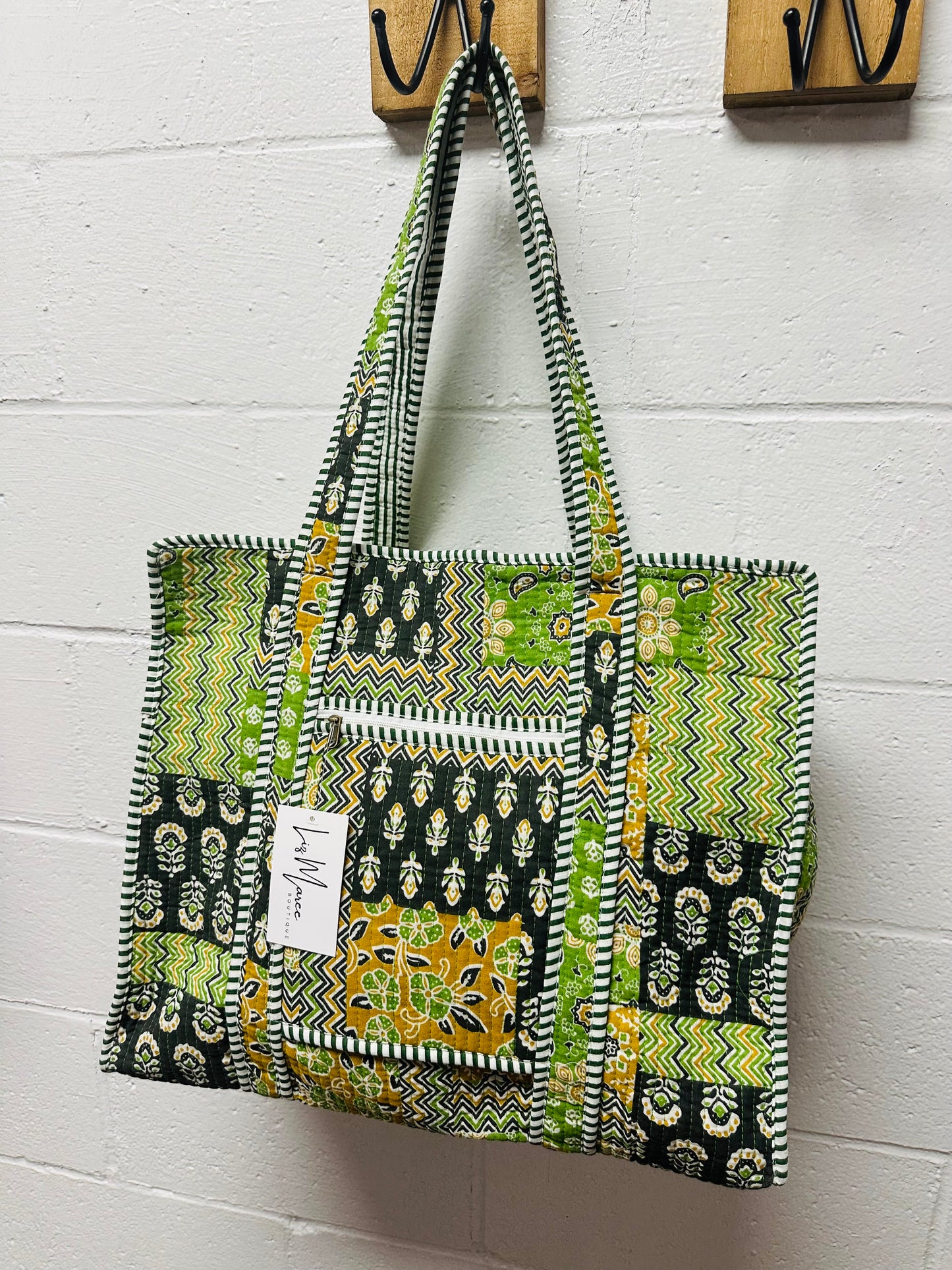 The Green + Black Multi Pattern Quilted Tote Bag