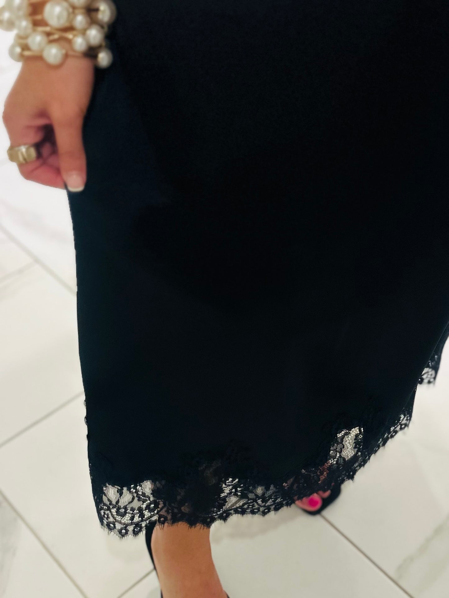 The Dallas Black Satin Lace Midi Skirt