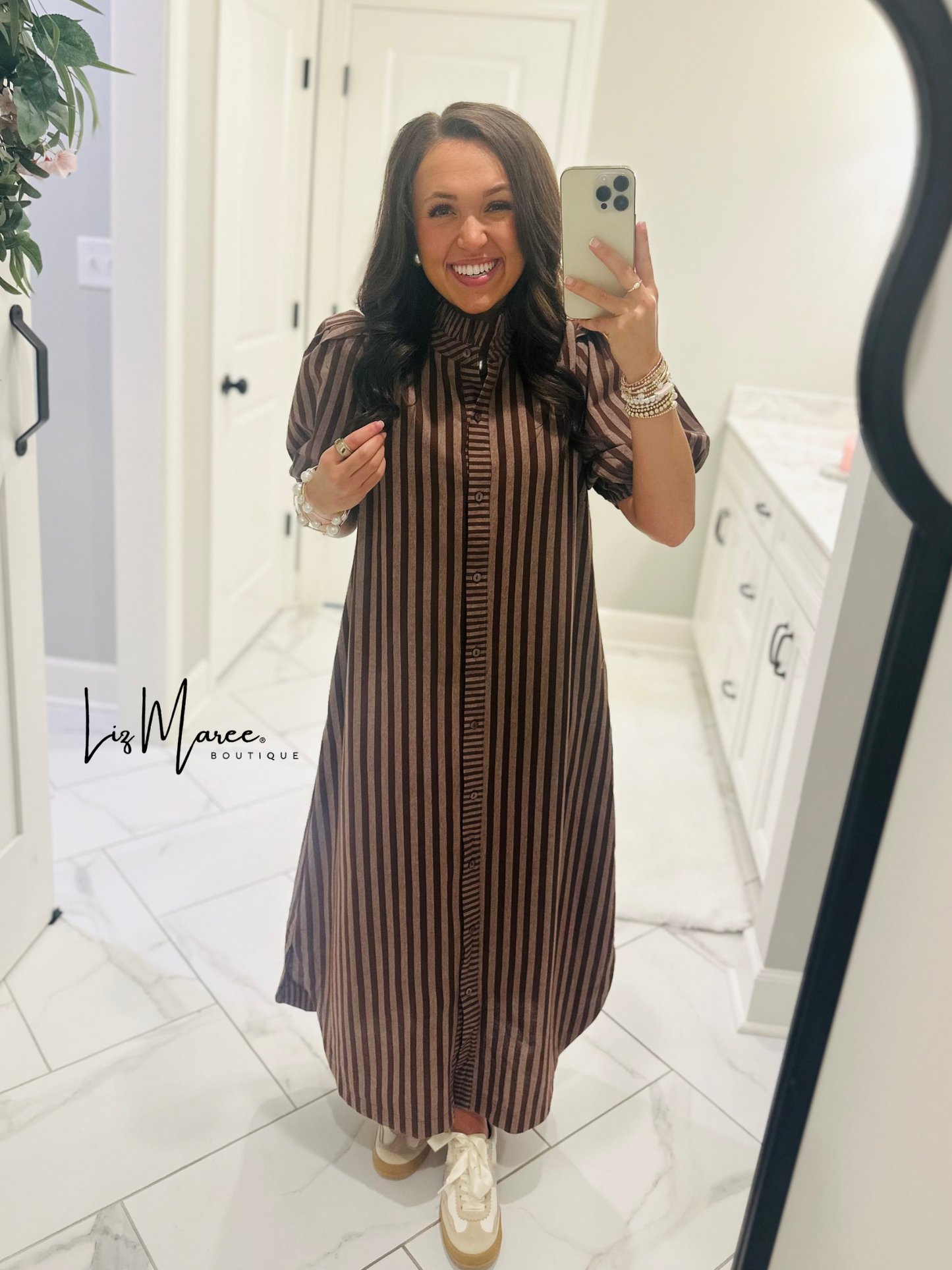 The Quinn Brown Striped Midi Dress