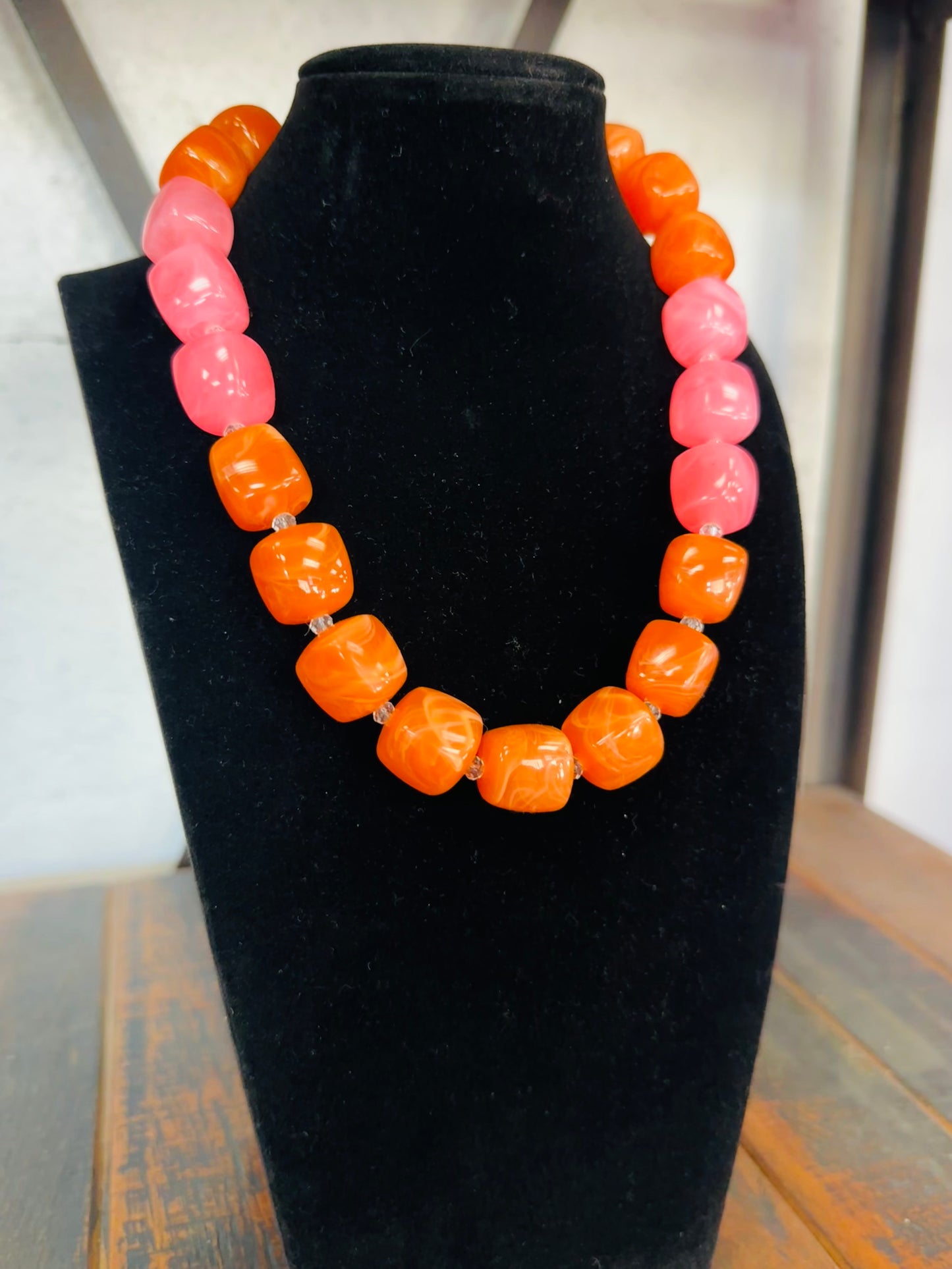 Pink + Orange Chunky Bead Color Block Necklace