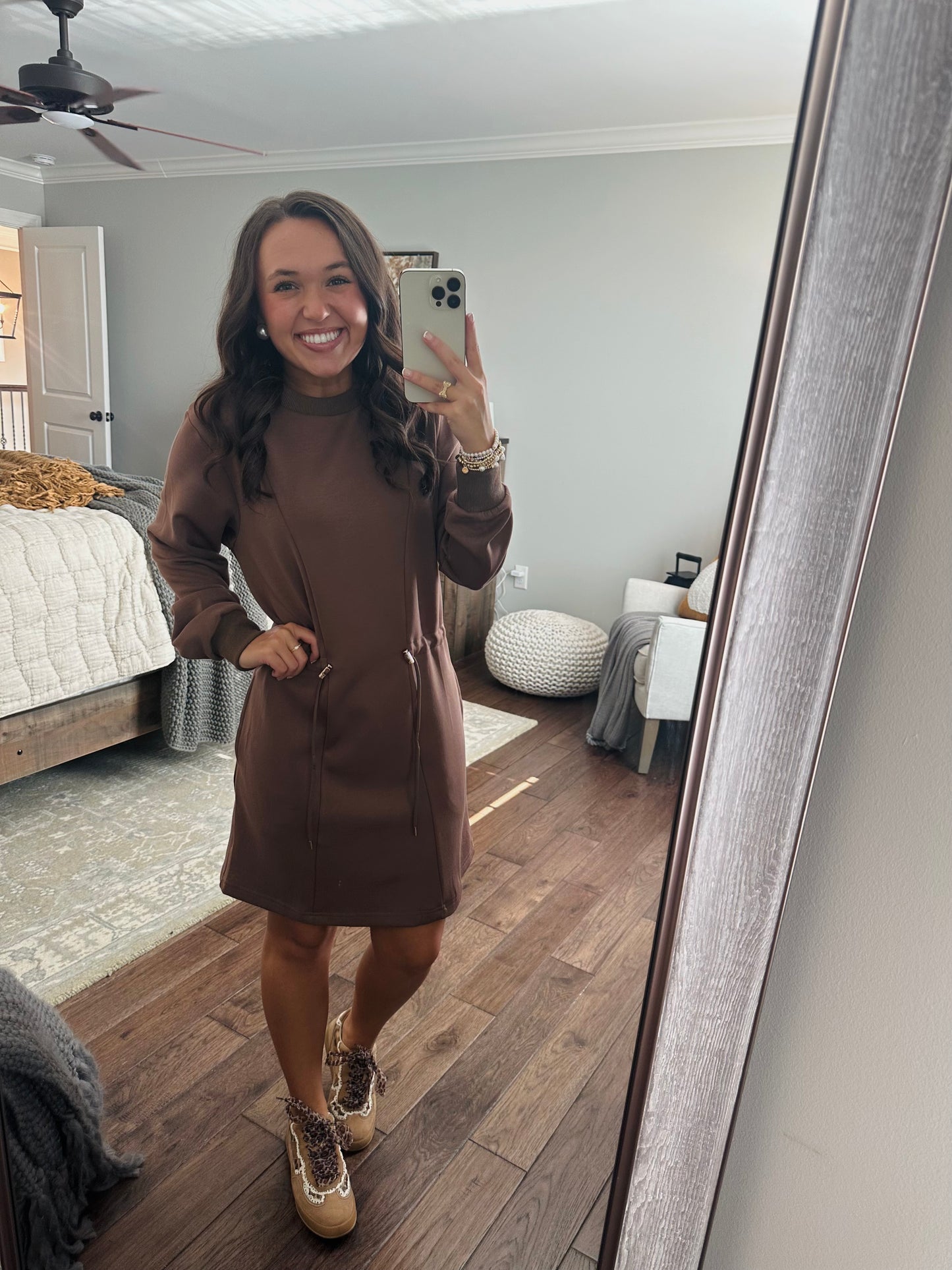 The Mocha Jersey Knit Long Sleeve Drawstring Dress
