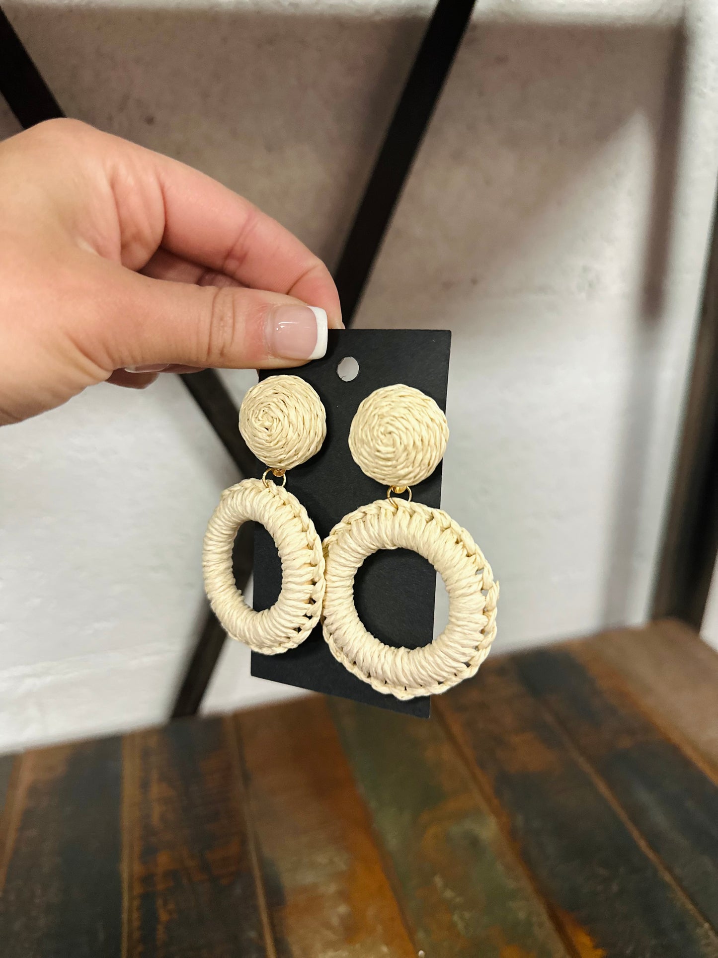 Ivory Rattan Wrapped Circle Drop Earrings