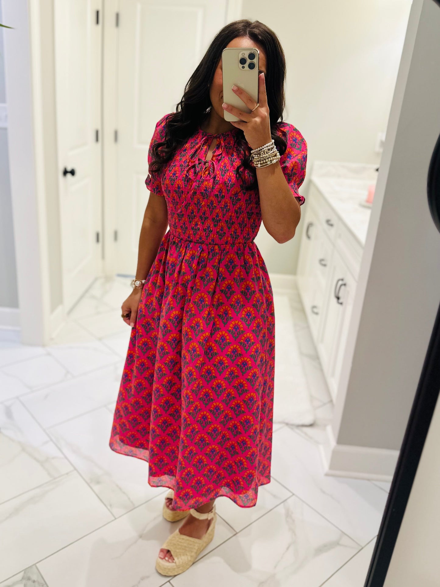 The Tamry Pink Smocked Midi Dress