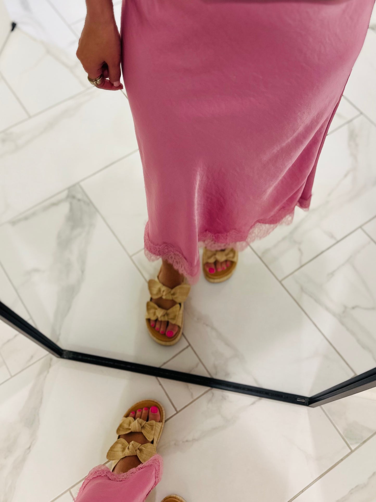 The Laney Pink Satin Lace Midi Skirt