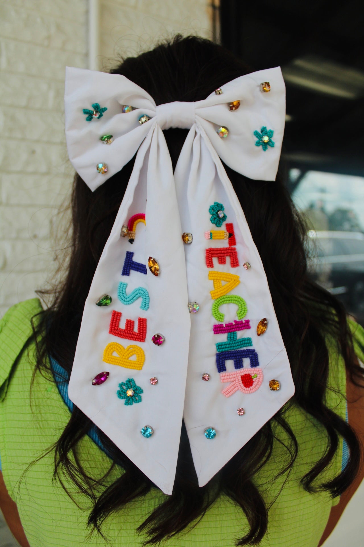 White Best Teacher Embroidered Bow