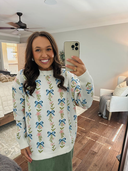 The White Coquette Ribbon Bow Floral Sweater