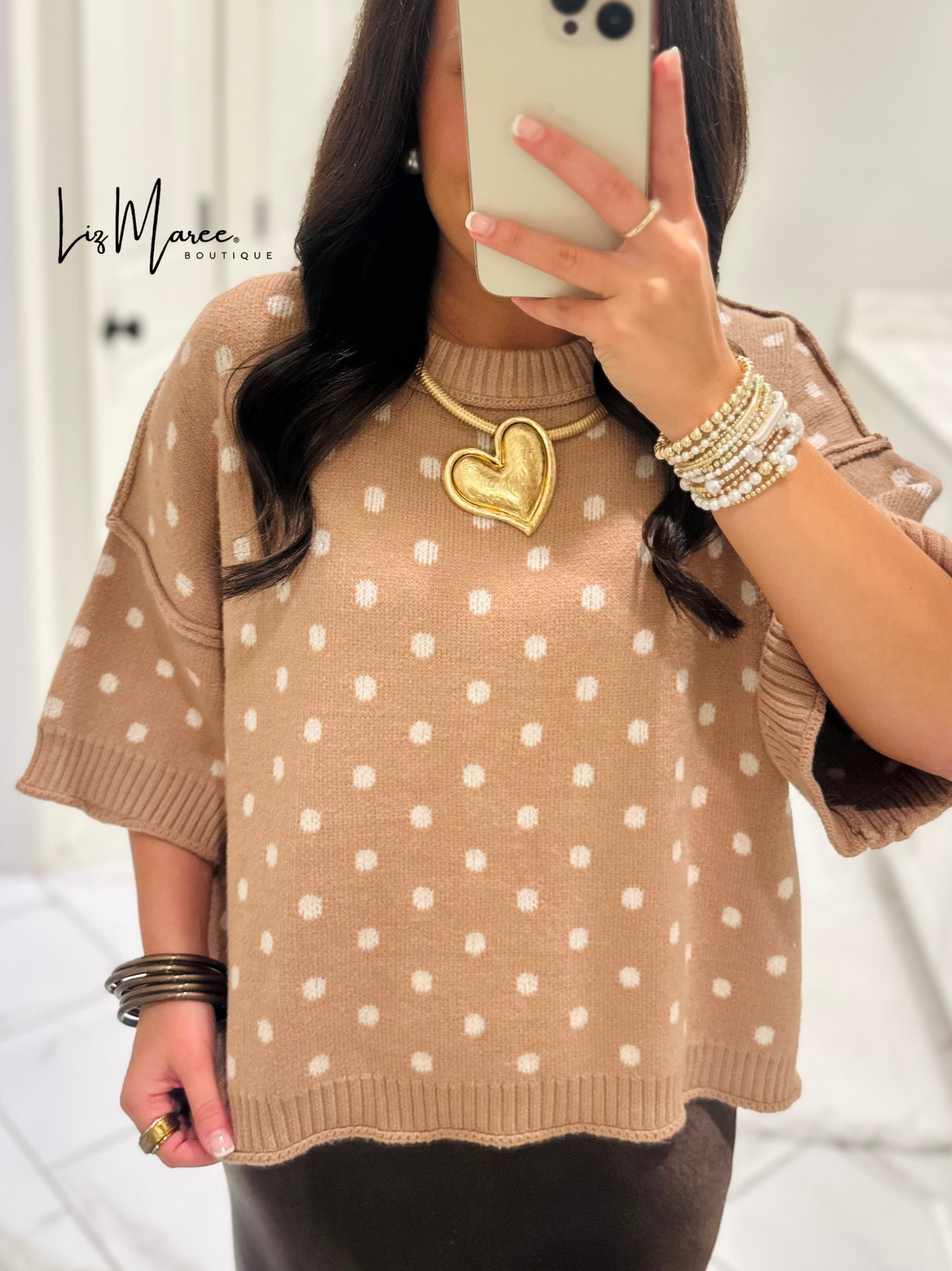 The Penelope Camel Polka Dot Sweater Knit Top
