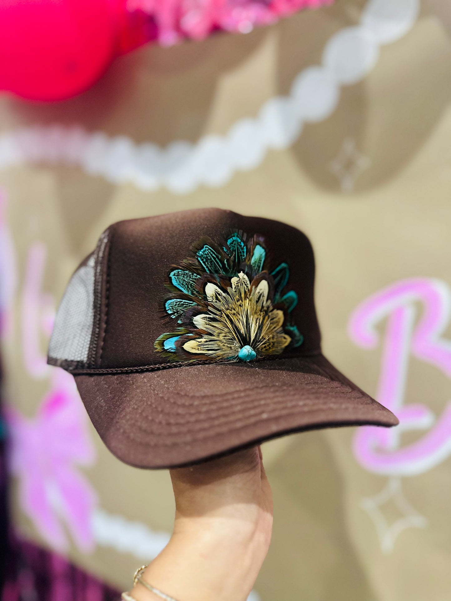 Brown Feather + Turquoise Stone Trucker Hat