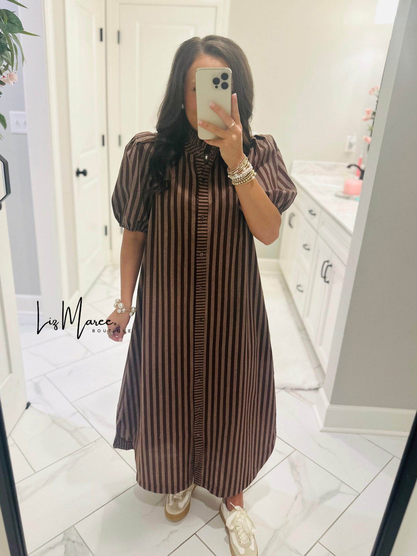 The Quinn Brown Striped Midi Dress