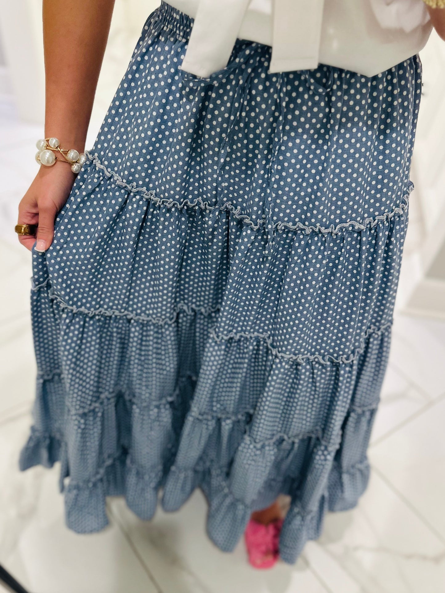 The Shelby Denim Polka Dot Maxi Skirt