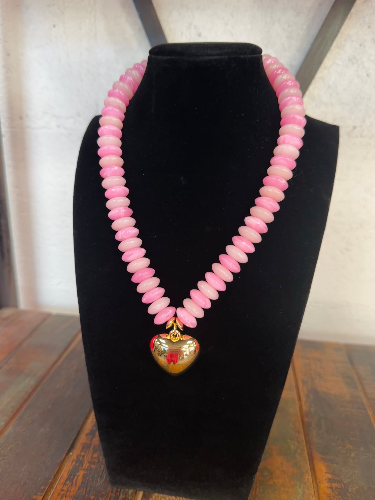 Pink + Gold Wide Bead Puffy Heart Necklace
