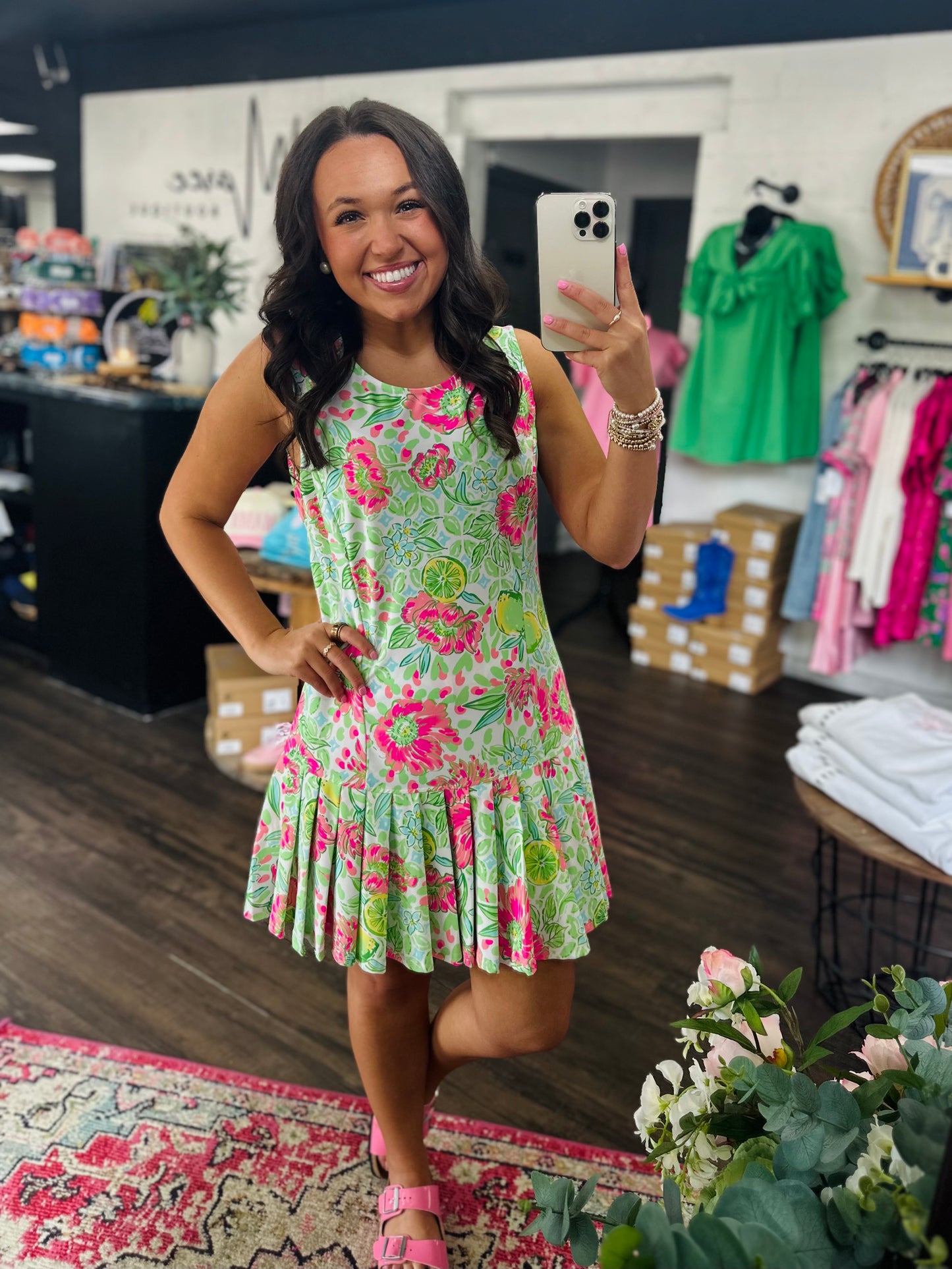 The Sunlee Pink Floral Pleated Dress