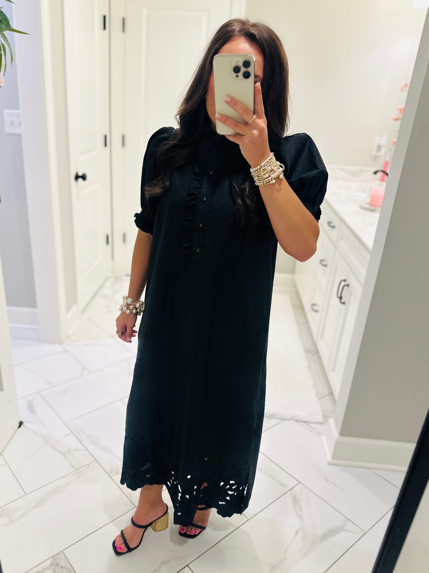 The Blakeley Black Embroidered Scallop Midi Dress