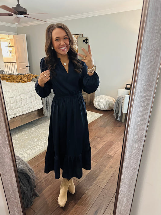 The Navy Satin Midi Dress
