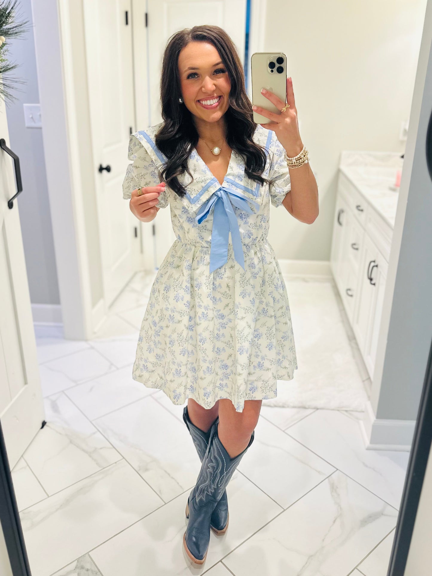 The Charlotte Cream + Blue Printed Poplin Dress