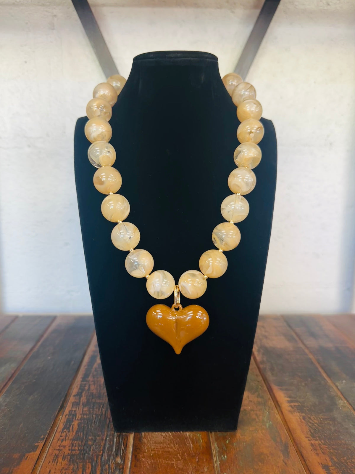 Brown + Beige Puffy Heart Marble Necklace