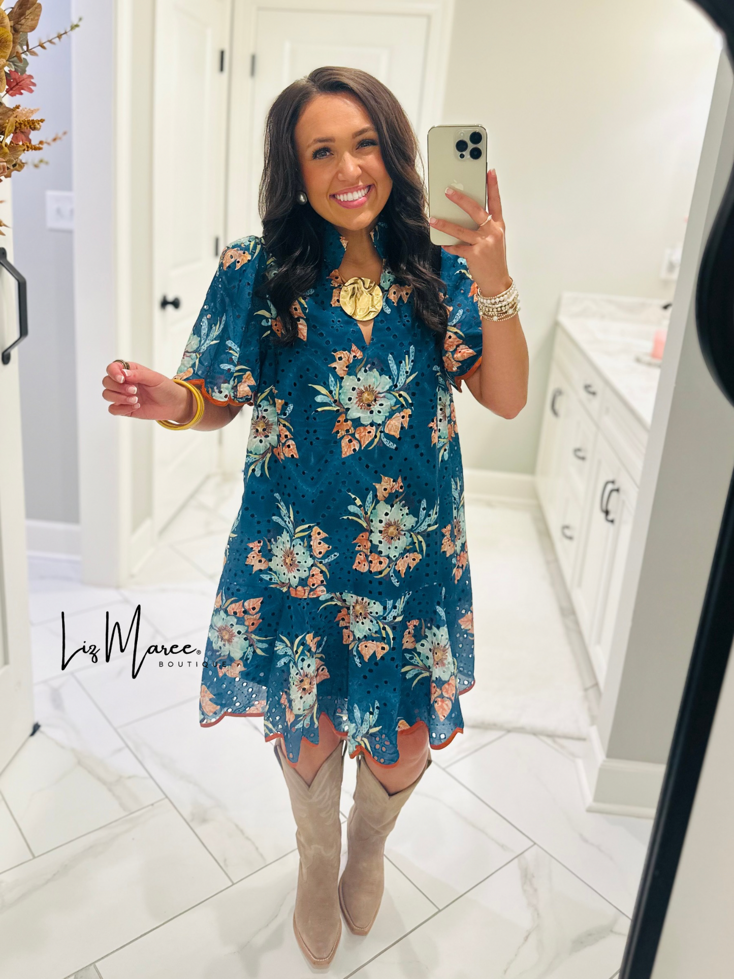 The Brinley Teal Green Floral Eyelet Scallop Dress