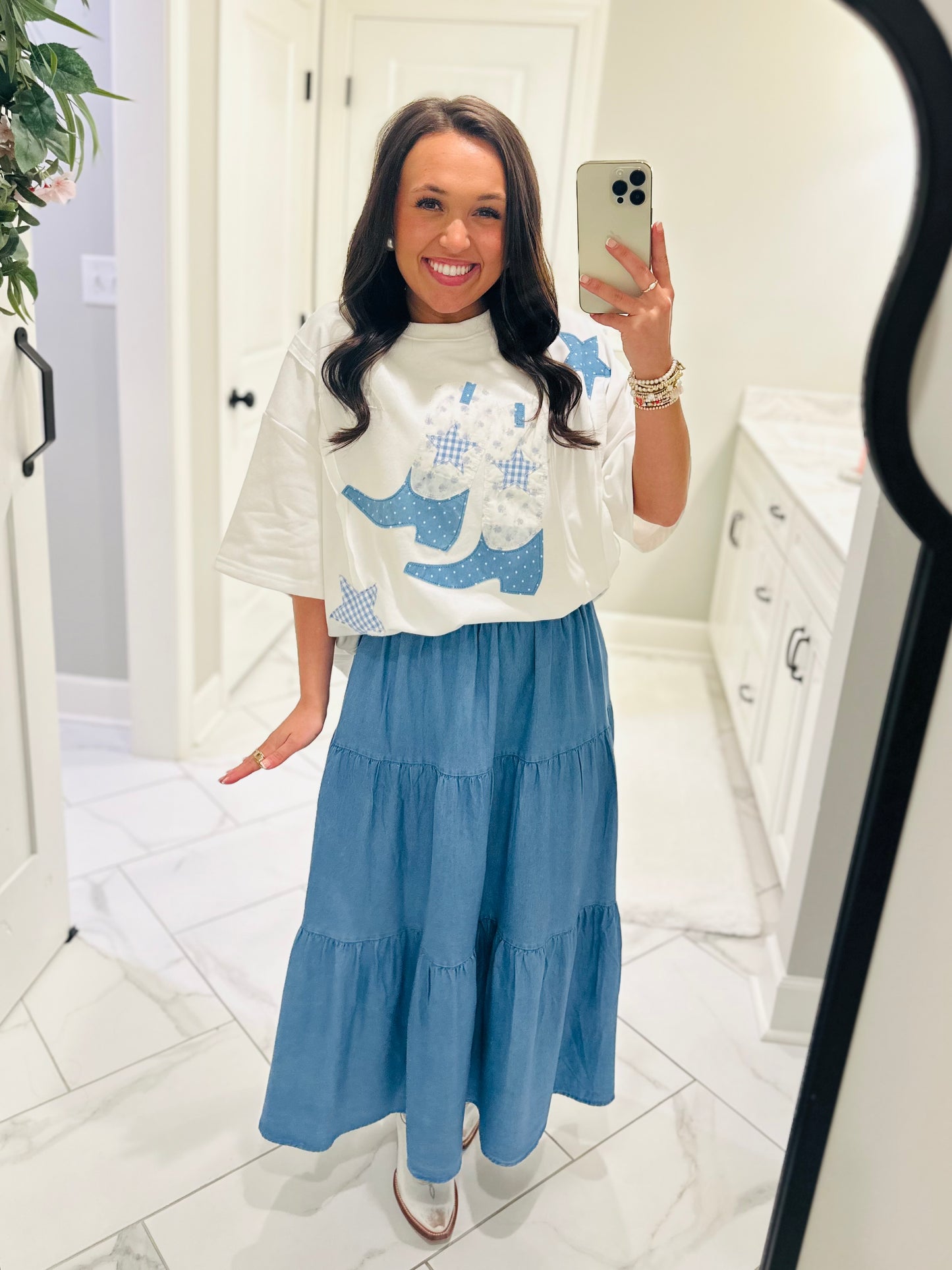 The Light Wash Denim Chambray Tiered Maxi Skirt