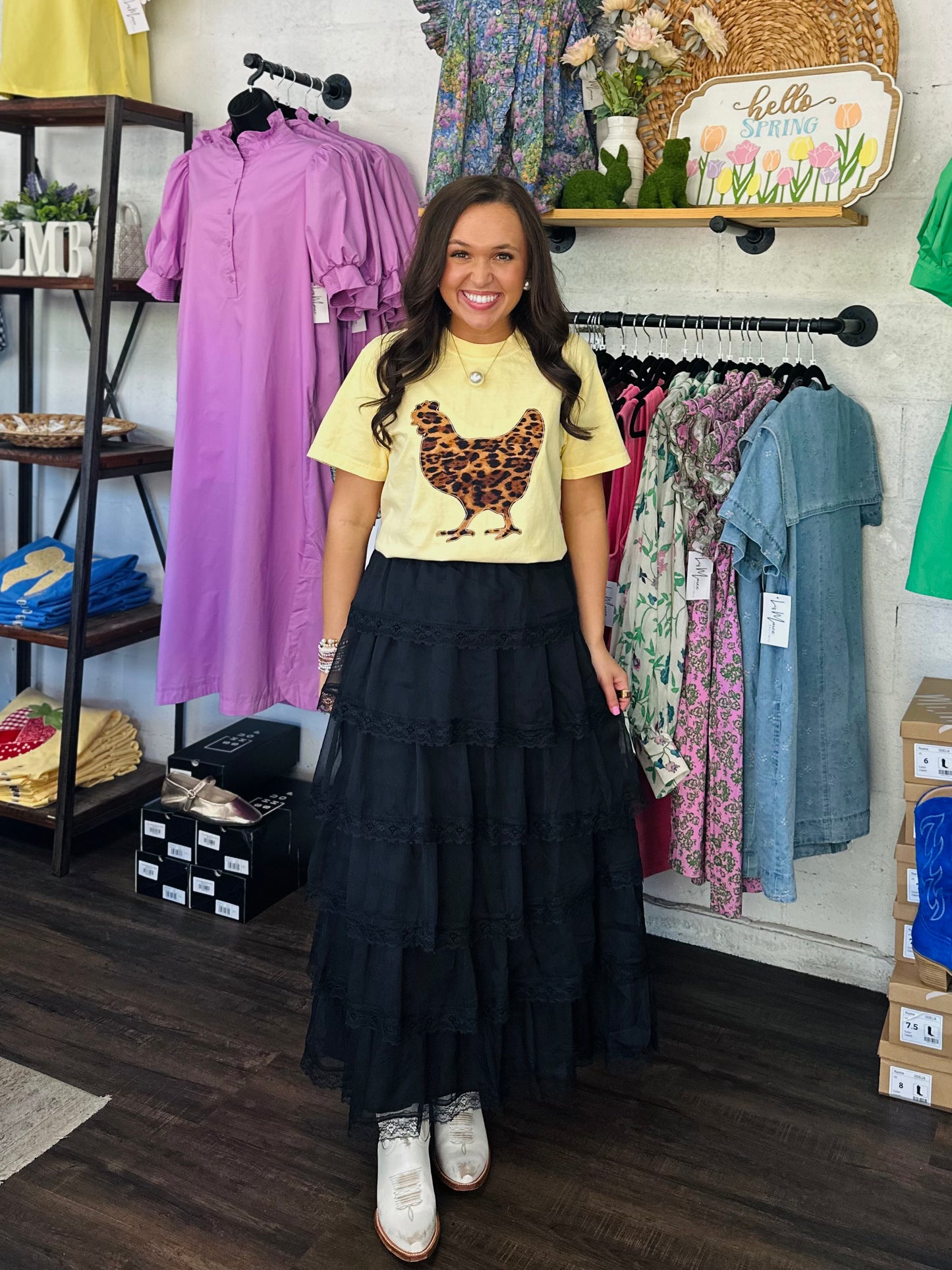 The June Black Tiered Chiffon Lace Trim Maxi Skirt