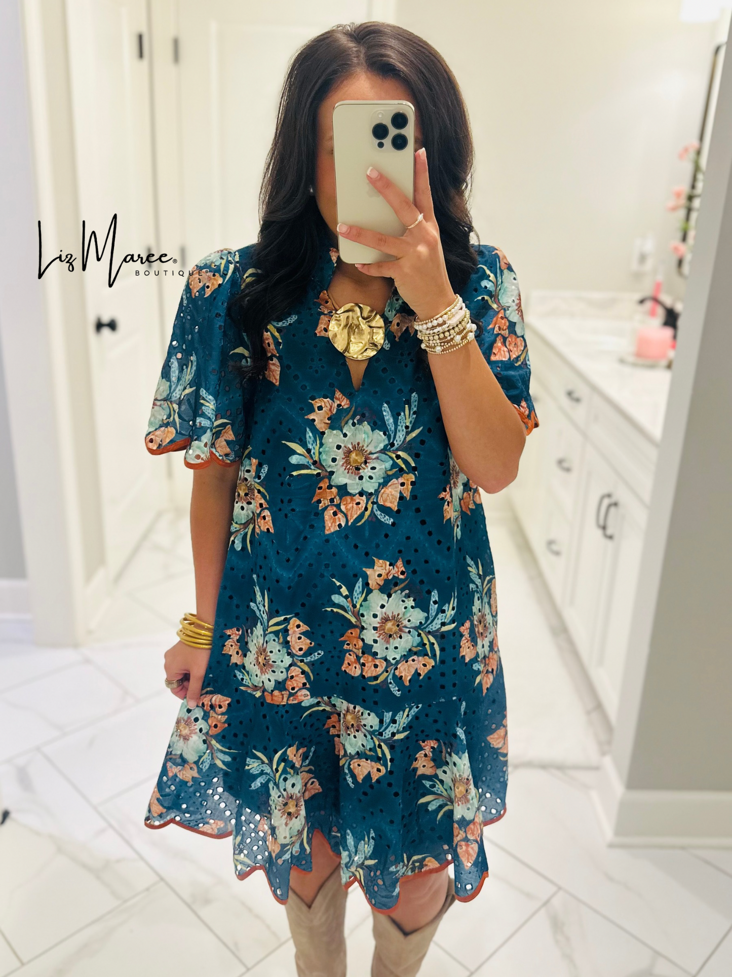The Brinley Teal Green Floral Eyelet Scallop Dress