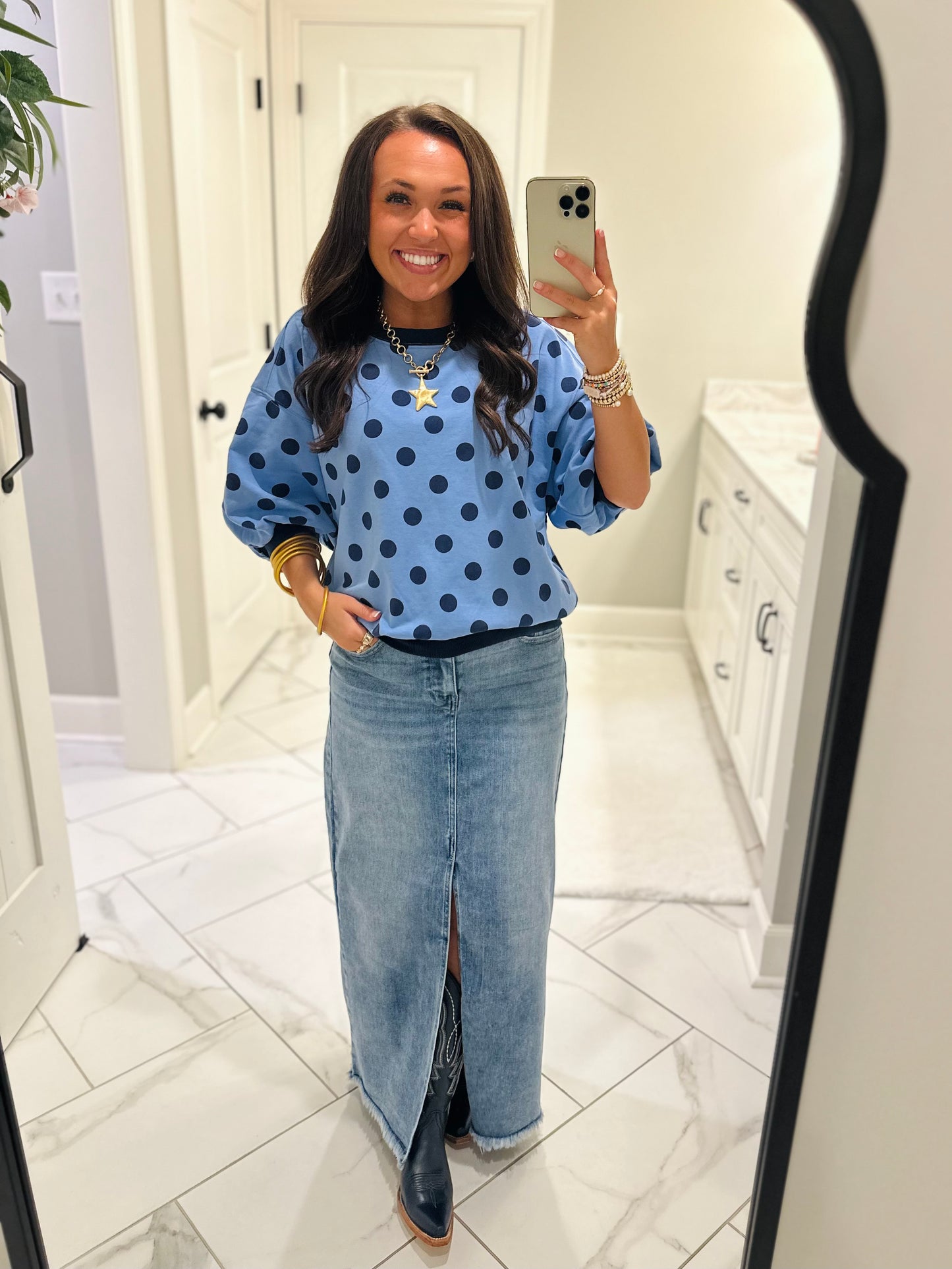 The Ainsley Blue Polka Dot Top