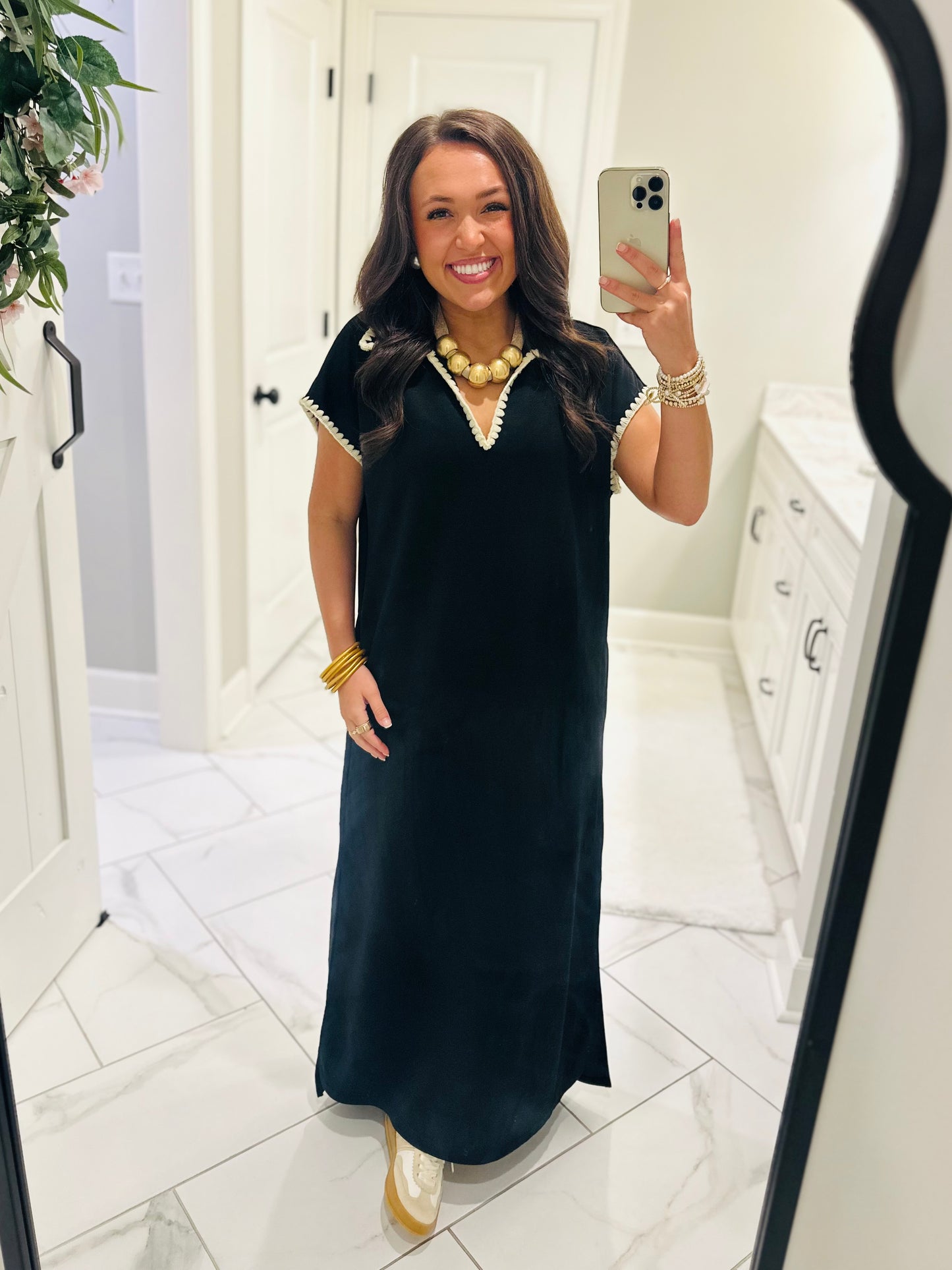 The Sarah Black Collared Stitch Midi Dress