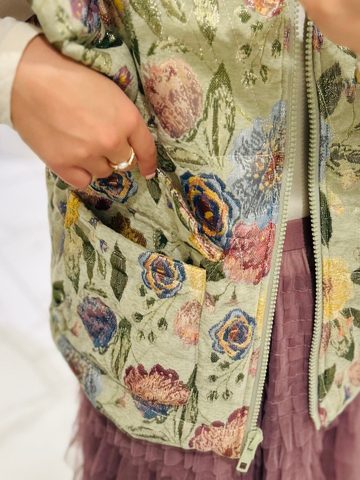 The Everlee Olive Green Floral Metallic Quilted Vest