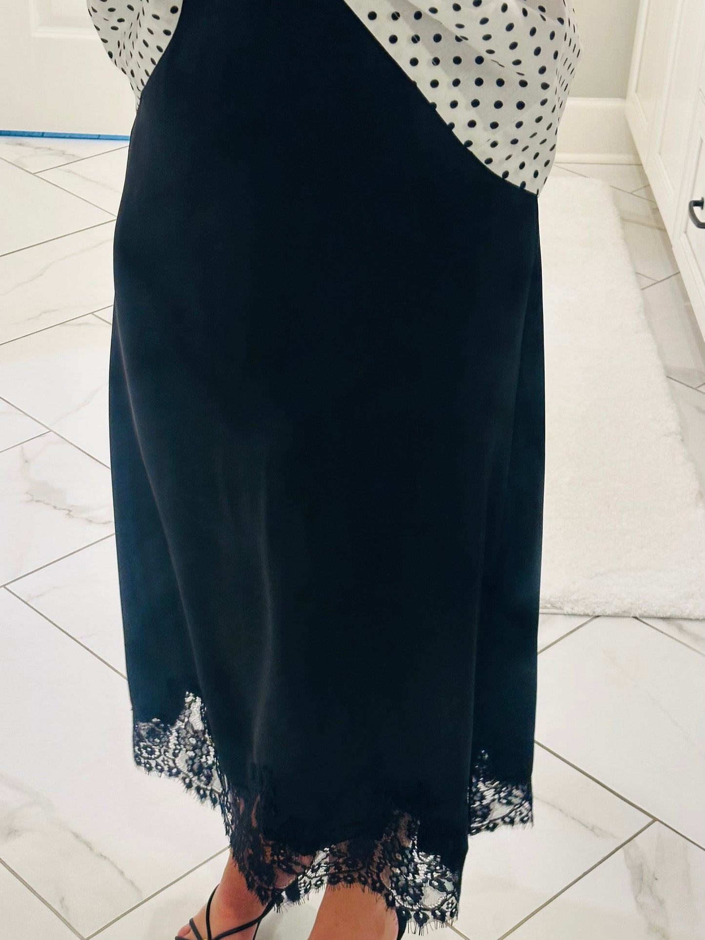 The Dallas Black Satin Lace Midi Skirt