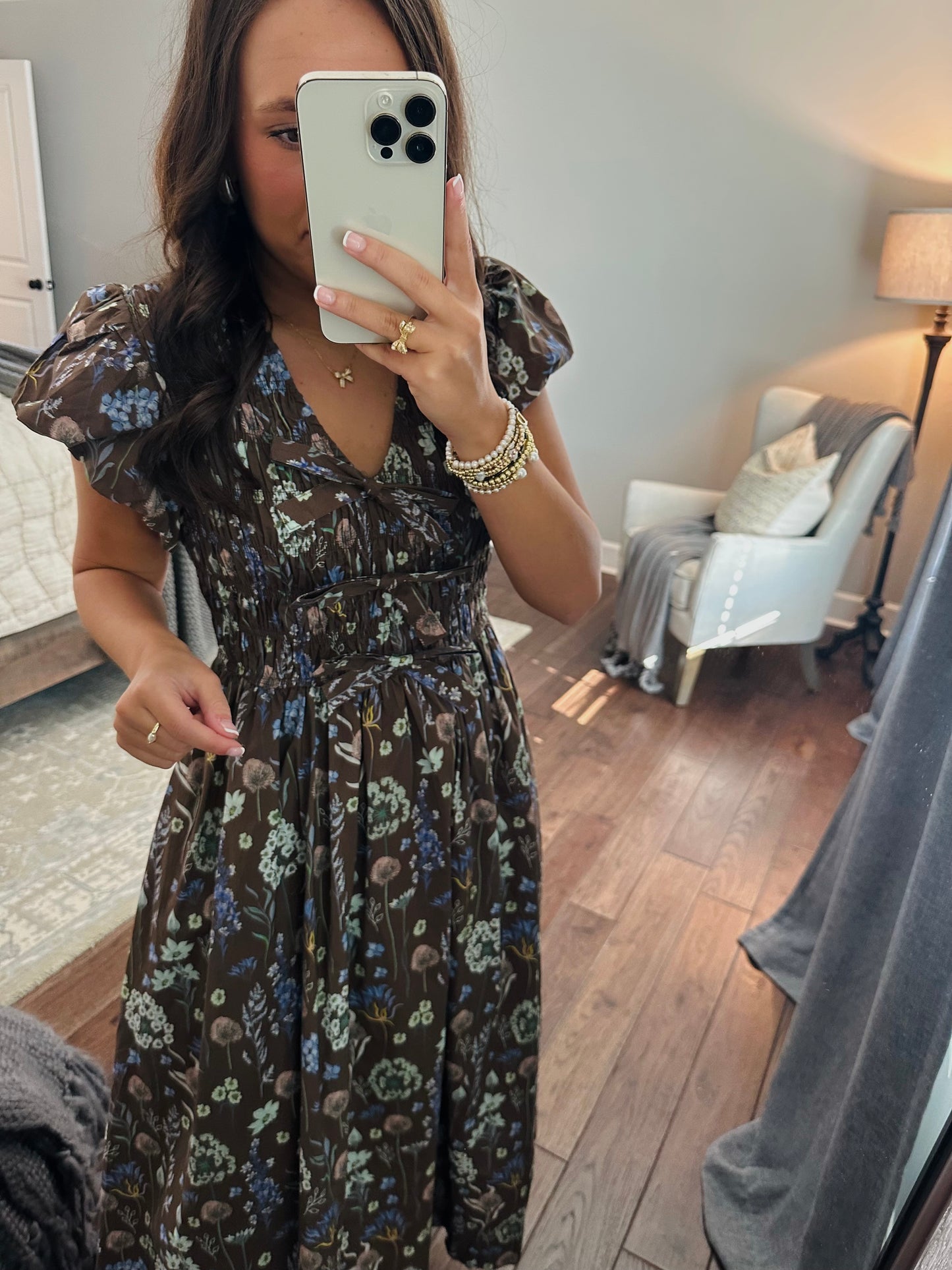 The Stella Brown Floral Bow Front Midi Dress