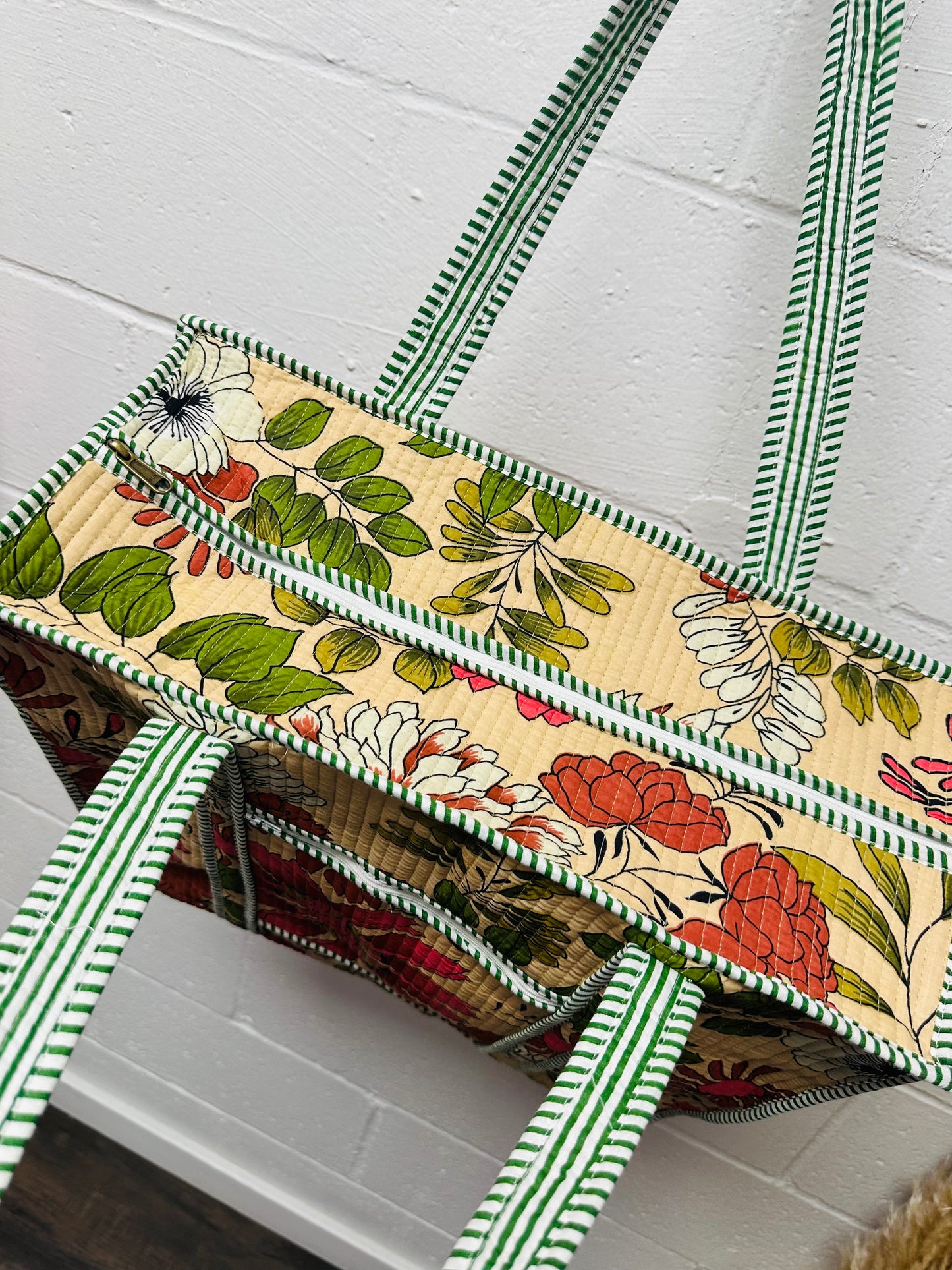 The Beige Cream Flower Power Quilted Tote Bag