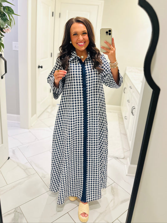 The Hattie Navy Gingham Midi Dress