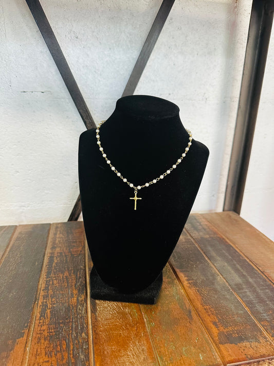 Gold + Pearl Cross Pendant Necklace